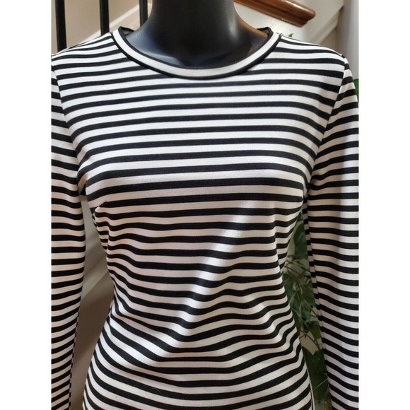 Tea & Cup Black White Striped Long Sleeve Back Zip Knee Length Dress Size Small - Picture 5 of 10